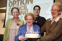 Gail Cartmail (Unite-Amicus) presents cake to Jean Kysow, Alan Walter and Eileen Short to celebrate the 10th year of the campaign (photo Andrew Wiard www.reportphotos.co.uk)